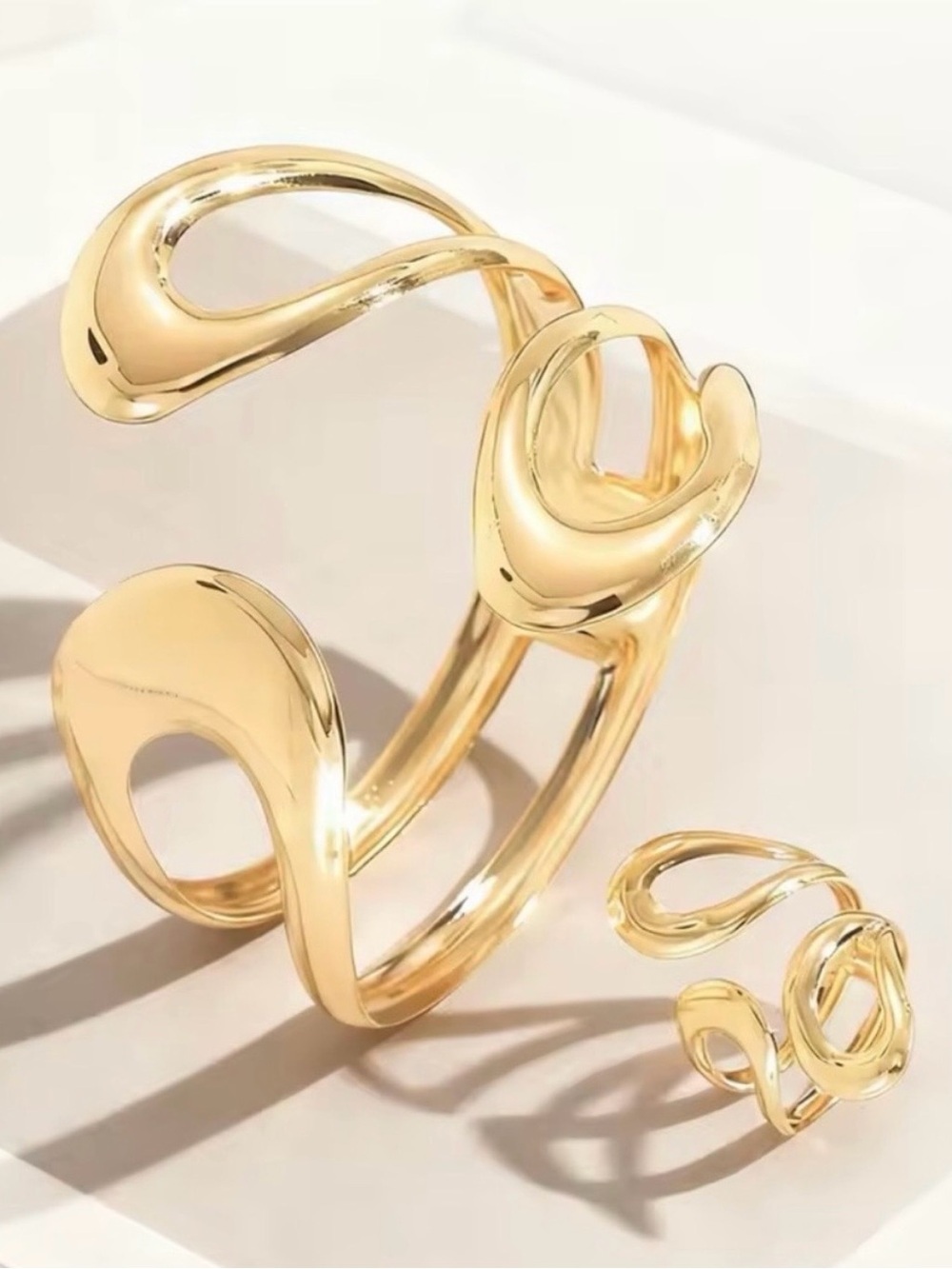 Zara Gold Open Sculptural Cuff Bracelet and Matching Ring Set - Picture 2 of 4